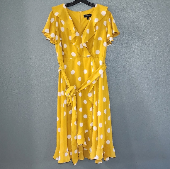 Lane Bryant Yellow White Polka Dot Wrap Style Dress/ Size 16 - Picture 1 of 15